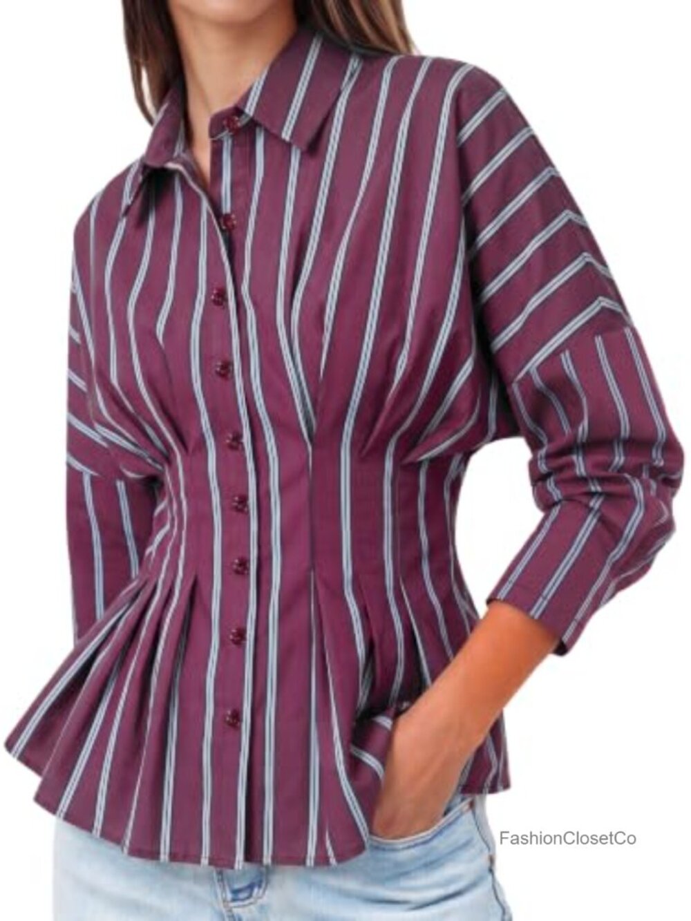 Striped Cinched Waist Button Down Blouse Peplum Office Top Women's